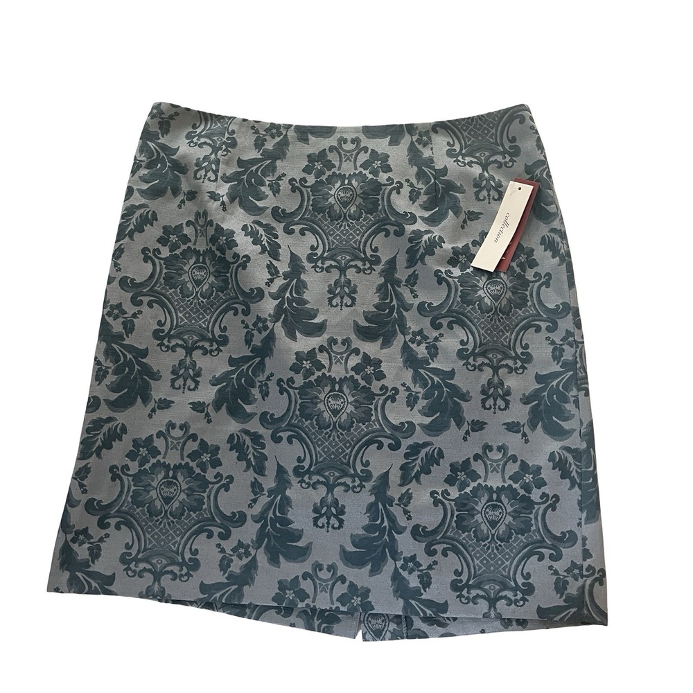 NWT Merona Women's Size 14 Pencil Skirt Blue Baroque Metallic Floral Career Work
